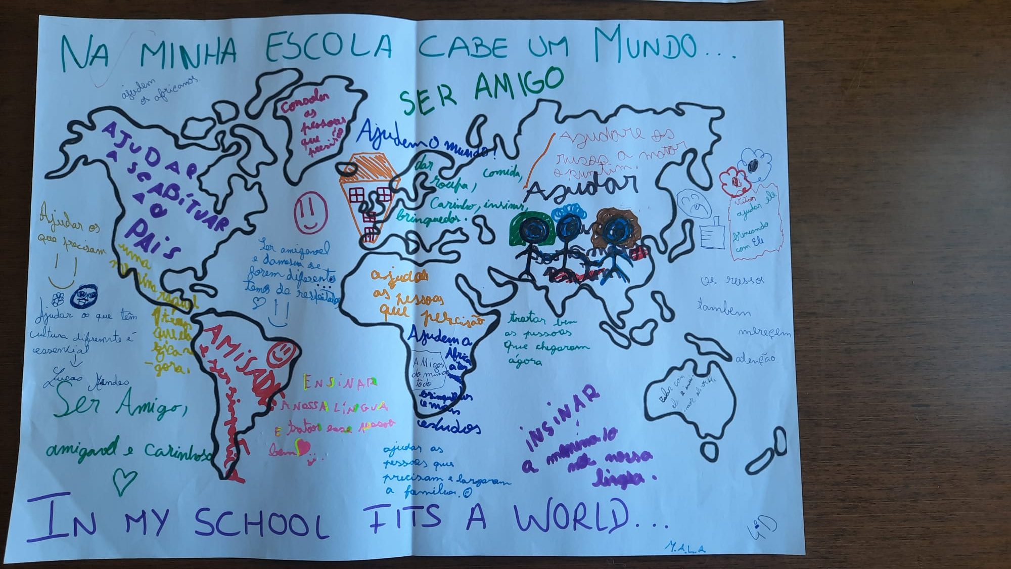 interculturalidade em Portugal mapa mundo feito por crianças onde representam as suas diferentes nacionalidades e parte do mundo de onde são